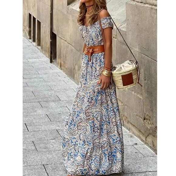 Boho Paisley Floral Print Off Shoulder Maxi Dress - Picture 3 of 9